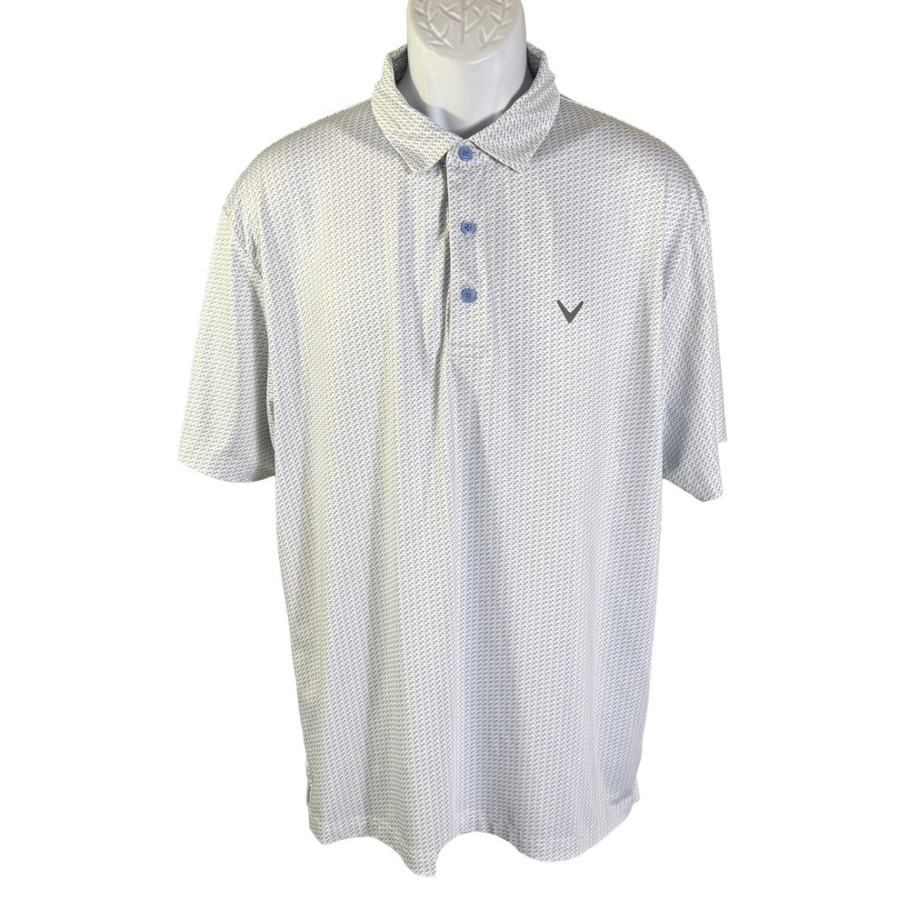 Callaway Golf Polo Men Large White Blue Geometric Print Short Sleeve CGKSE0S5